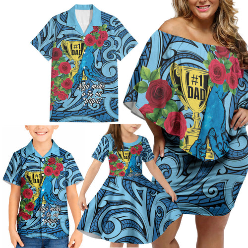 Personalised New Zealand Father's Day Family Matching Off Shoulder Short Dress and Hawaiian Shirt Best Dad Trophy Red Rose Maori Pattern