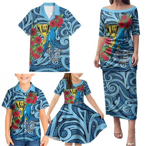 Personalised New Zealand Father's Day Family Matching Puletasi and Hawaiian Shirt Best Dad Trophy Red Rose Maori Pattern