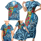Personalised New Zealand Father's Day Family Matching Short Sleeve Bodycon Dress and Hawaiian Shirt Best Dad Trophy Red Rose Maori Pattern