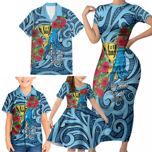 Personalised New Zealand Father's Day Family Matching Short Sleeve Bodycon Dress and Hawaiian Shirt Best Dad Trophy Red Rose Maori Pattern