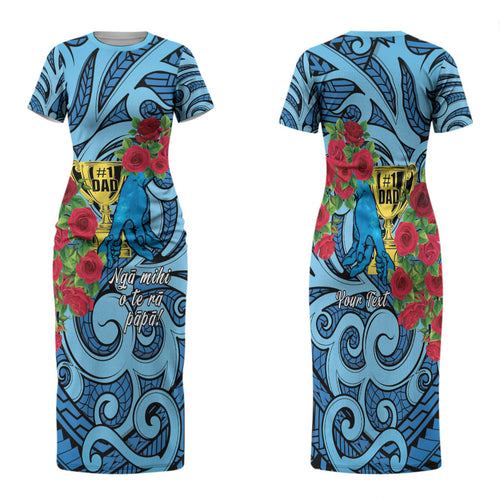Personalised New Zealand Father's Day Family Matching Short Sleeve Bodycon Dress and Hawaiian Shirt Best Dad Trophy Red Rose Maori Pattern