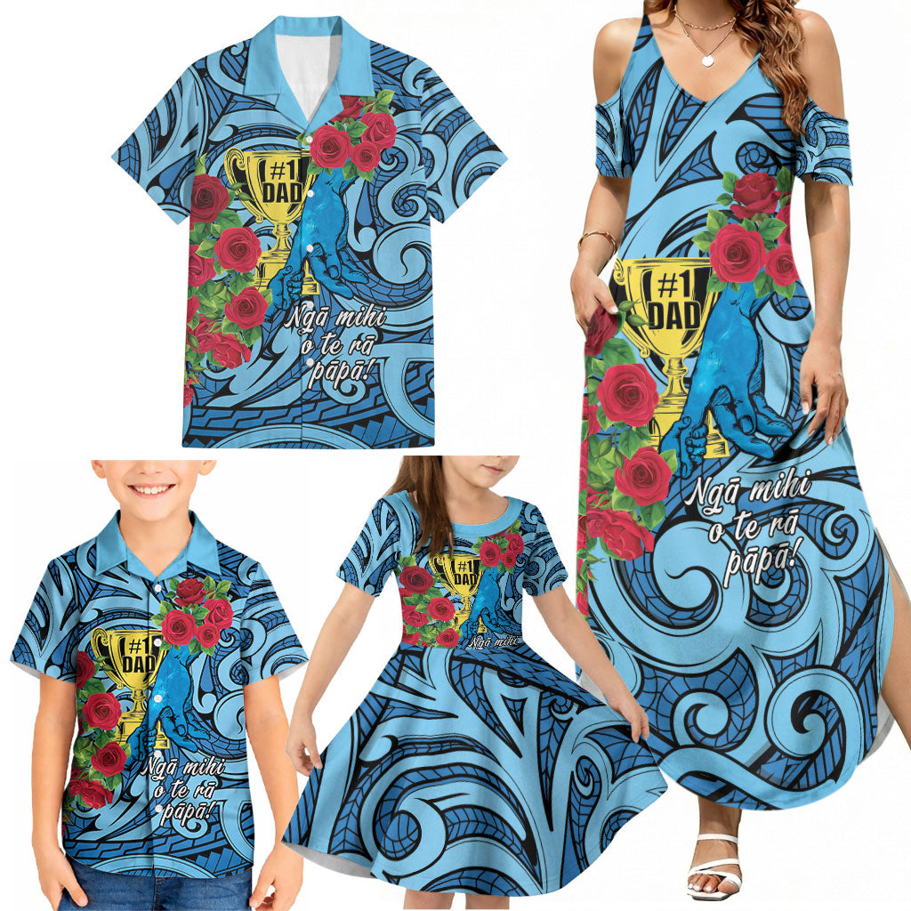 Personalised New Zealand Father's Day Family Matching Summer Maxi Dress and Hawaiian Shirt Best Dad Trophy Red Rose Maori Pattern
