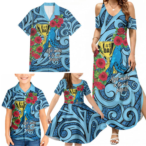 Personalised New Zealand Father's Day Family Matching Summer Maxi Dress and Hawaiian Shirt Best Dad Trophy Red Rose Maori Pattern