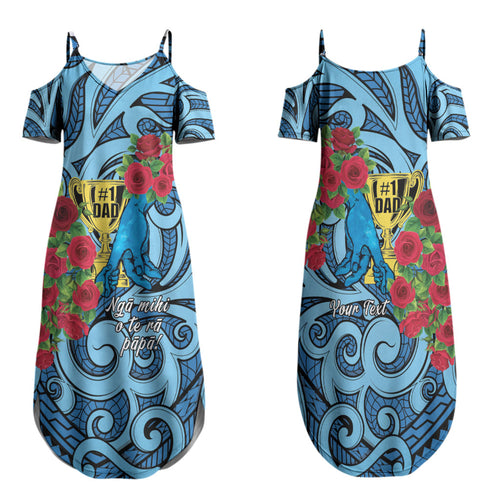 Personalised New Zealand Father's Day Family Matching Summer Maxi Dress and Hawaiian Shirt Best Dad Trophy Red Rose Maori Pattern
