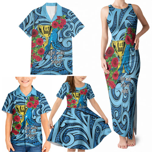 Personalised New Zealand Father's Day Family Matching Tank Maxi Dress and Hawaiian Shirt Best Dad Trophy Red Rose Maori Pattern