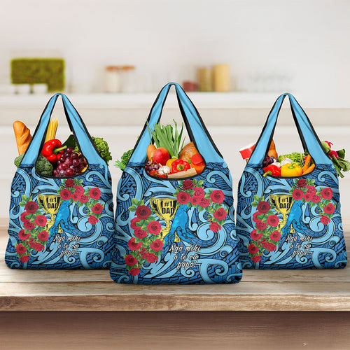 New Zealand Father's Day Grocery Bag Best Dad Trophy Red Rose Maori Pattern