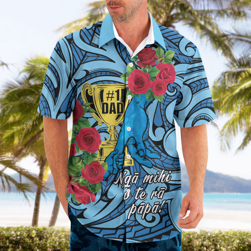 Personalised New Zealand Father's Day Hawaiian Shirt Best Dad Trophy Red Rose Maori Pattern