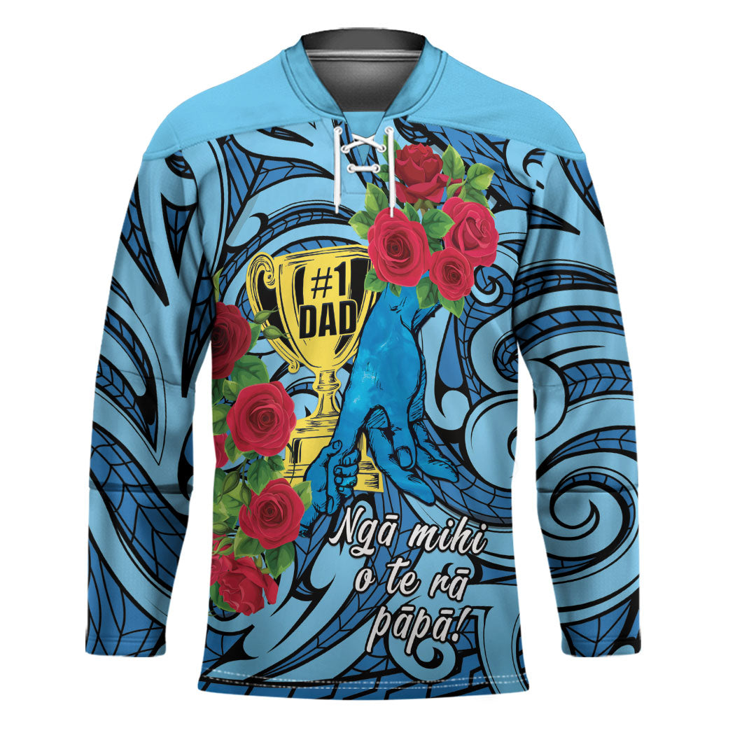 Personalised New Zealand Father's Day Hockey Jersey Best Dad Trophy Red Rose Maori Pattern