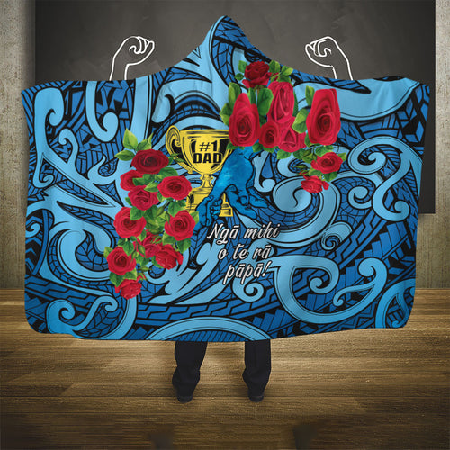 New Zealand Father's Day Hooded Blanket Best Dad Trophy Red Rose Maori Pattern