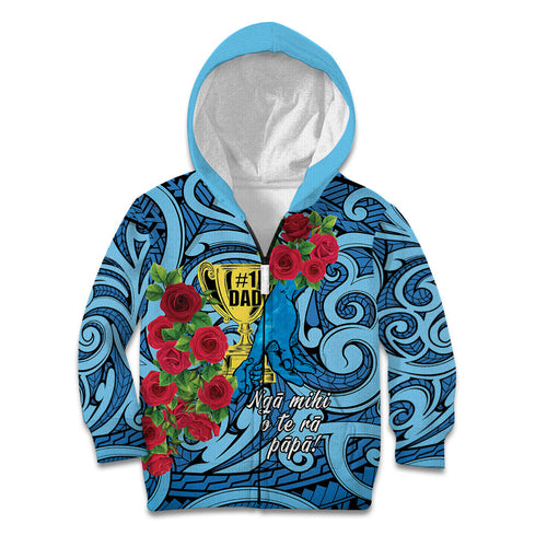 Personalised New Zealand Father's Day Kid Hoodie Best Dad Trophy Red Rose Maori Pattern