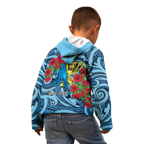 Personalised New Zealand Father's Day Kid Hoodie Best Dad Trophy Red Rose Maori Pattern