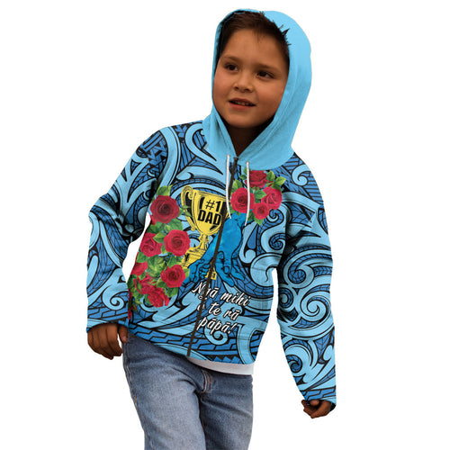 Personalised New Zealand Father's Day Kid Hoodie Best Dad Trophy Red Rose Maori Pattern