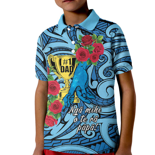 Personalised New Zealand Father's Day Kid Polo Shirt Best Dad Trophy Red Rose Maori Pattern