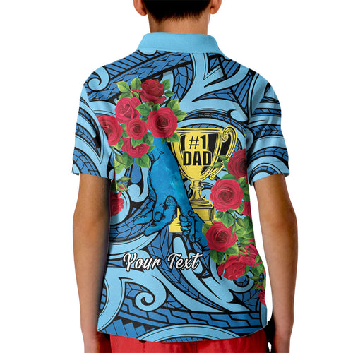 Personalised New Zealand Father's Day Kid Polo Shirt Best Dad Trophy Red Rose Maori Pattern