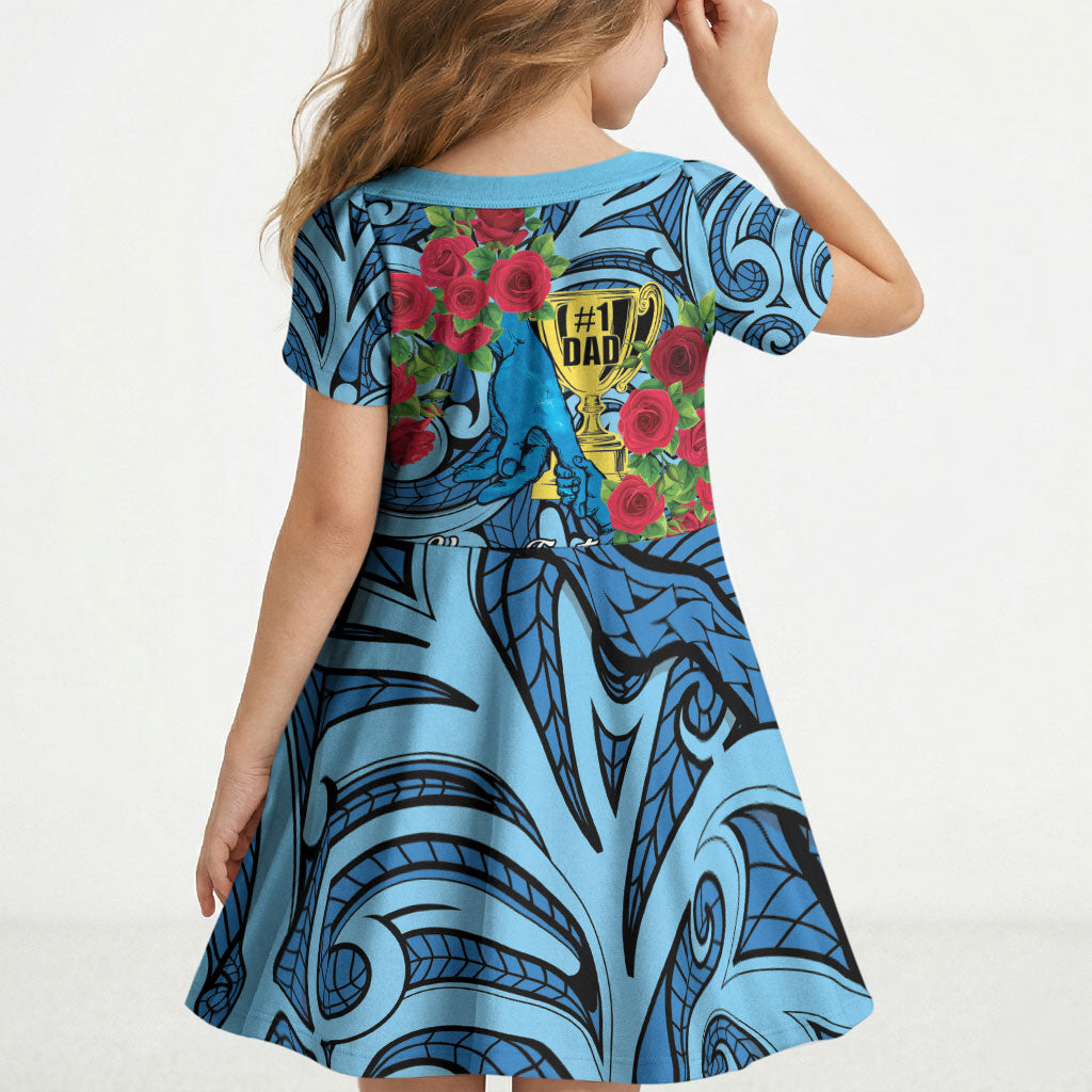 Personalised New Zealand Father's Day Kid Short Sleeve Dress Best Dad Trophy Red Rose Maori Pattern