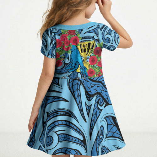 Personalised New Zealand Father's Day Kid Short Sleeve Dress Best Dad Trophy Red Rose Maori Pattern