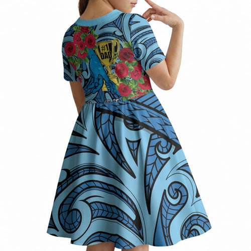 Personalised New Zealand Father's Day Kid Short Sleeve Dress Best Dad Trophy Red Rose Maori Pattern