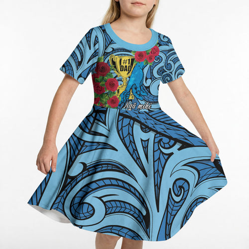 Personalised New Zealand Father's Day Kid Short Sleeve Dress Best Dad Trophy Red Rose Maori Pattern