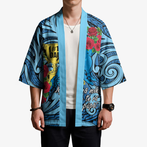 Personalised New Zealand Father's Day Kimono Best Dad Trophy Red Rose Maori Pattern