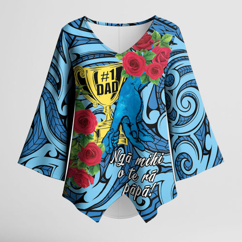 Personalised New Zealand Father's Day Kimono Sleeve Blouse Best Dad Trophy Red Rose Maori Pattern