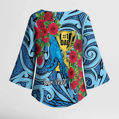 Personalised New Zealand Father's Day Kimono Sleeve Blouse Best Dad Trophy Red Rose Maori Pattern