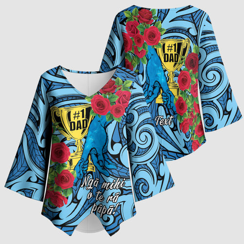 Personalised New Zealand Father's Day Kimono Sleeve Blouse Best Dad Trophy Red Rose Maori Pattern