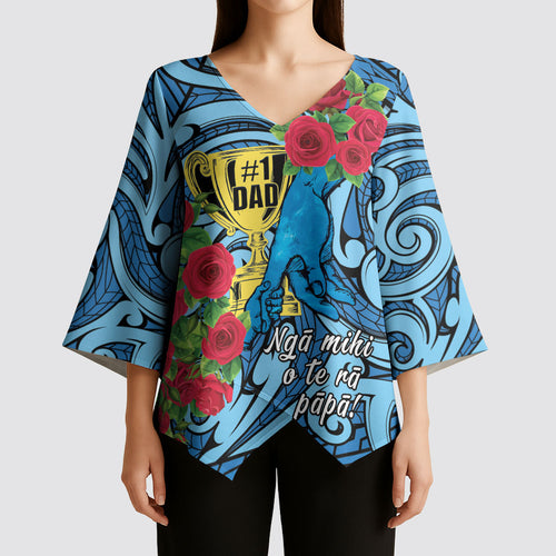 Personalised New Zealand Father's Day Kimono Sleeve Blouse Best Dad Trophy Red Rose Maori Pattern