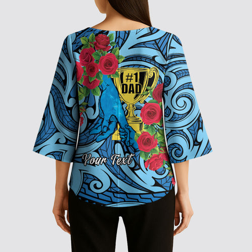 Personalised New Zealand Father's Day Kimono Sleeve Blouse Best Dad Trophy Red Rose Maori Pattern