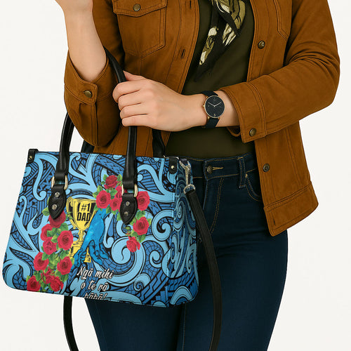 New Zealand Father's Day Leather Bag Best Dad Trophy Red Rose Maori Pattern
