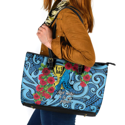 New Zealand Father's Day Leather Tote Bag Best Dad Trophy Red Rose Maori Pattern