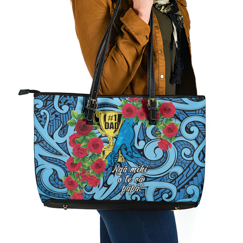 New Zealand Father's Day Leather Tote Bag Best Dad Trophy Red Rose Maori Pattern