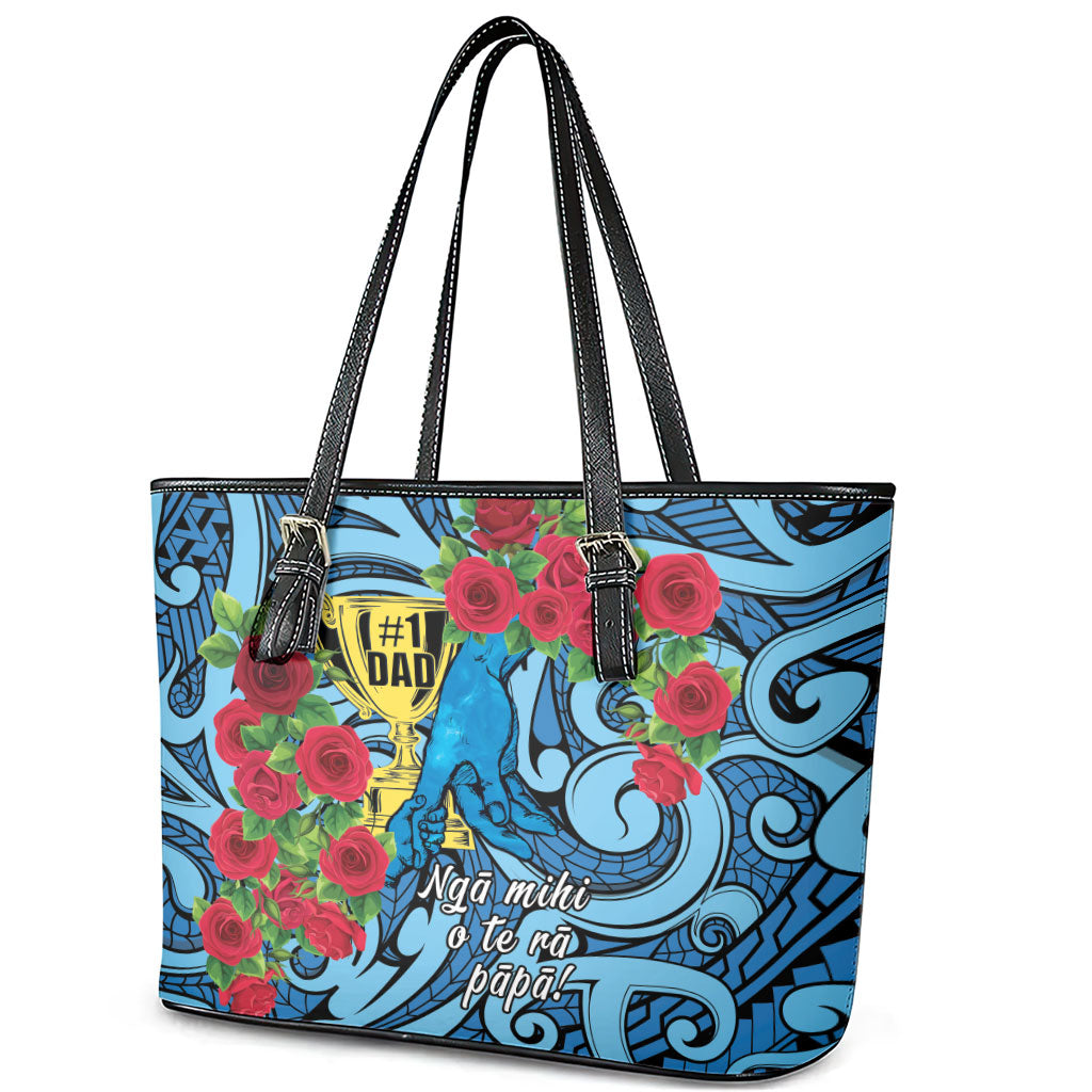 New Zealand Father's Day Leather Tote Bag Best Dad Trophy Red Rose Maori Pattern
