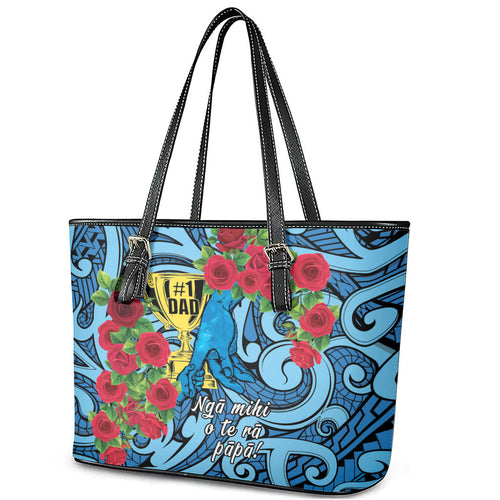 New Zealand Father's Day Leather Tote Bag Best Dad Trophy Red Rose Maori Pattern