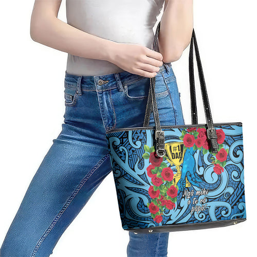 New Zealand Father's Day Leather Tote Bag Best Dad Trophy Red Rose Maori Pattern