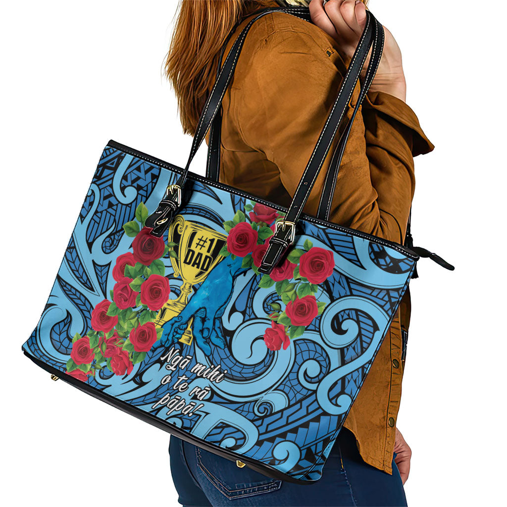 New Zealand Father's Day Leather Tote Bag Best Dad Trophy Red Rose Maori Pattern