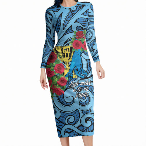 Personalised New Zealand Father's Day Long Sleeve Bodycon Dress Best Dad Trophy Red Rose Maori Pattern