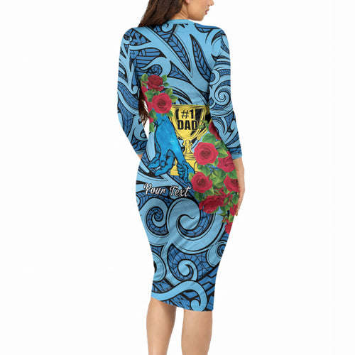Personalised New Zealand Father's Day Long Sleeve Bodycon Dress Best Dad Trophy Red Rose Maori Pattern