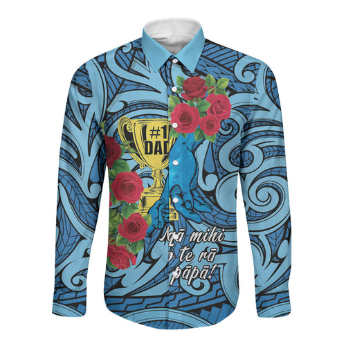Personalised New Zealand Father's Day Long Sleeve Button Shirt Best Dad Trophy Red Rose Maori Pattern
