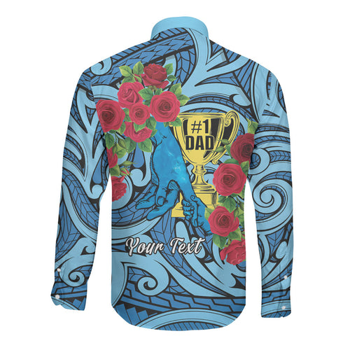 Personalised New Zealand Father's Day Long Sleeve Button Shirt Best Dad Trophy Red Rose Maori Pattern