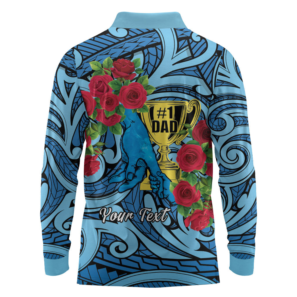 Personalised New Zealand Father's Day Long Sleeve Polo Shirt Best Dad Trophy Red Rose Maori Pattern