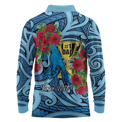 Personalised New Zealand Father's Day Long Sleeve Polo Shirt Best Dad Trophy Red Rose Maori Pattern