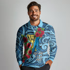 Personalised New Zealand Father's Day Long Sleeve Polo Shirt Best Dad Trophy Red Rose Maori Pattern