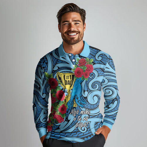 Personalised New Zealand Father's Day Long Sleeve Polo Shirt Best Dad Trophy Red Rose Maori Pattern