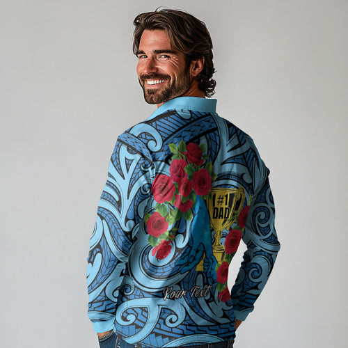 Personalised New Zealand Father's Day Long Sleeve Polo Shirt Best Dad Trophy Red Rose Maori Pattern