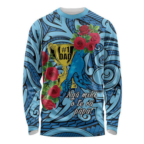 Personalised New Zealand Father's Day Long Sleeve Shirt Best Dad Trophy Red Rose Maori Pattern