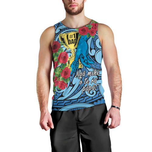 Personalised New Zealand Father's Day Men Tank Top Best Dad Trophy Red Rose Maori Pattern