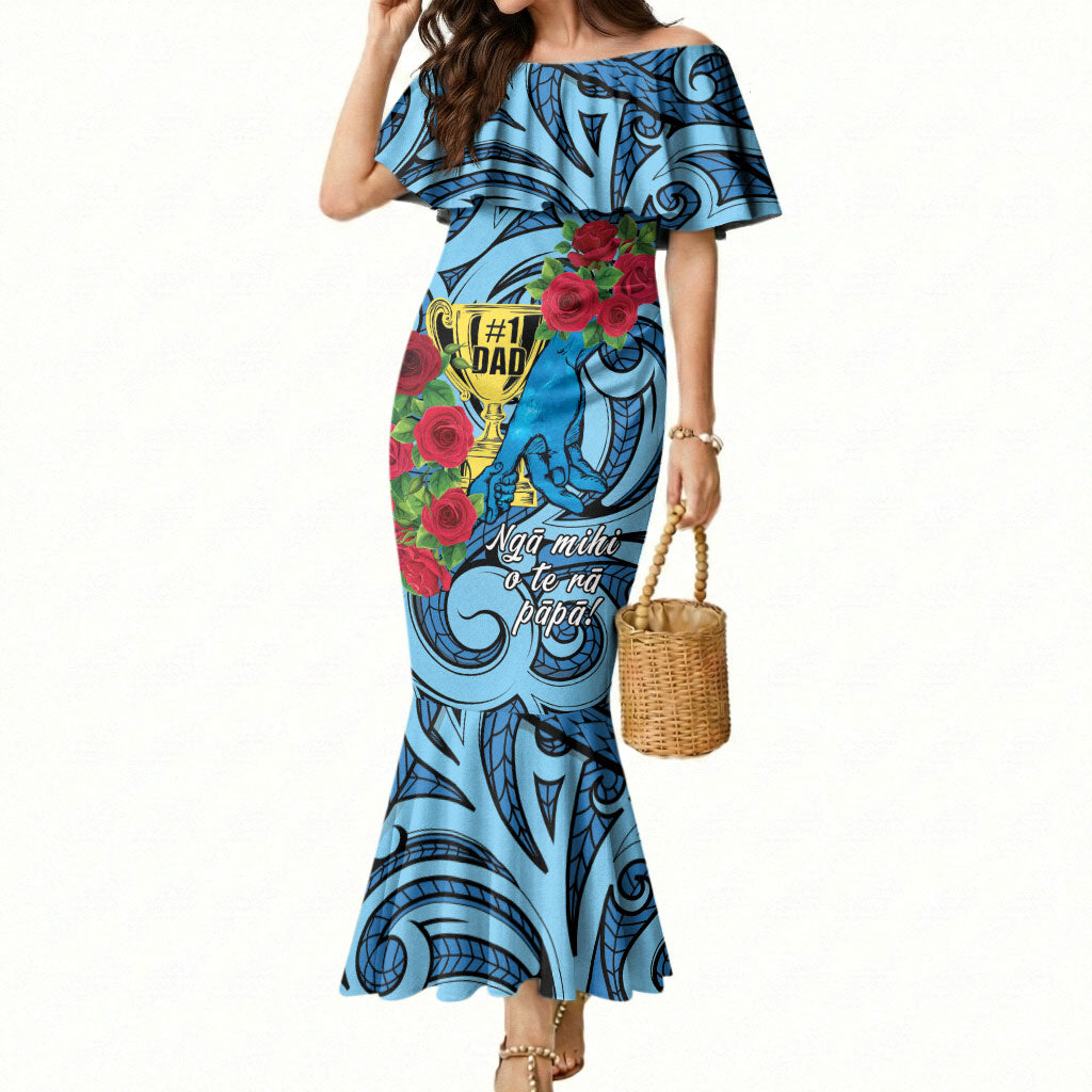 Personalised New Zealand Father's Day Mermaid Dress Best Dad Trophy Red Rose Maori Pattern