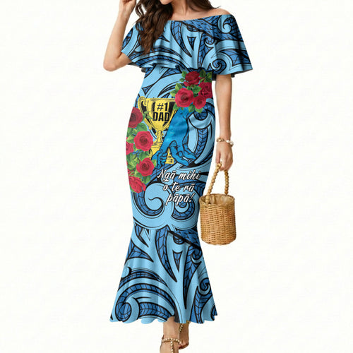Personalised New Zealand Father's Day Mermaid Dress Best Dad Trophy Red Rose Maori Pattern