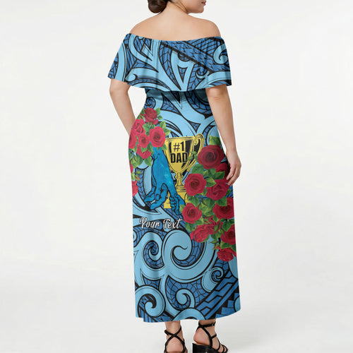 Personalised New Zealand Father's Day Off Shoulder Maxi Dress Best Dad Trophy Red Rose Maori Pattern