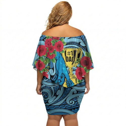 Personalised New Zealand Father's Day Off Shoulder Short Dress Best Dad Trophy Red Rose Maori Pattern